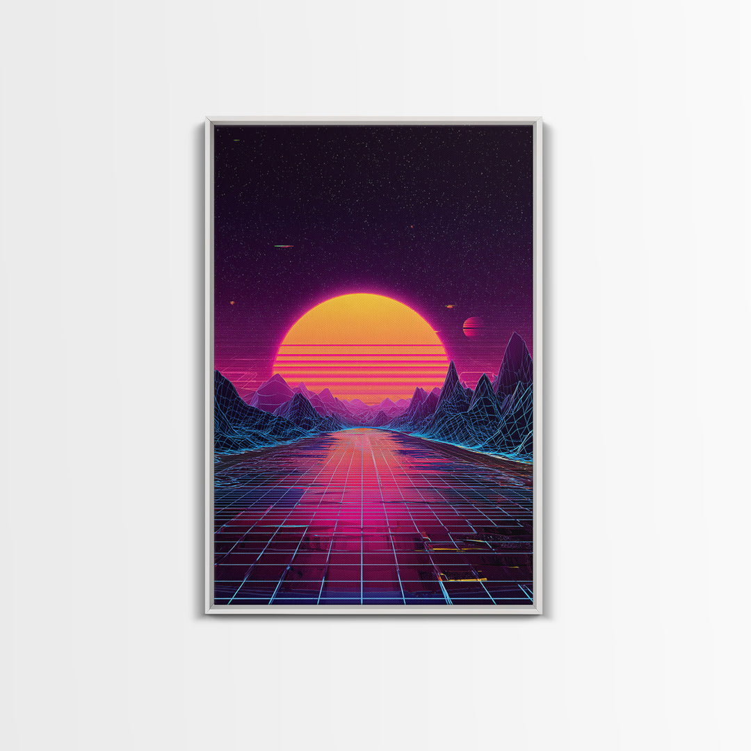 Retro Futuristic Sunset Landscape With Neon Grid Mountains And Starry Sky Wall Art Canvas Print For Modern Home Decor