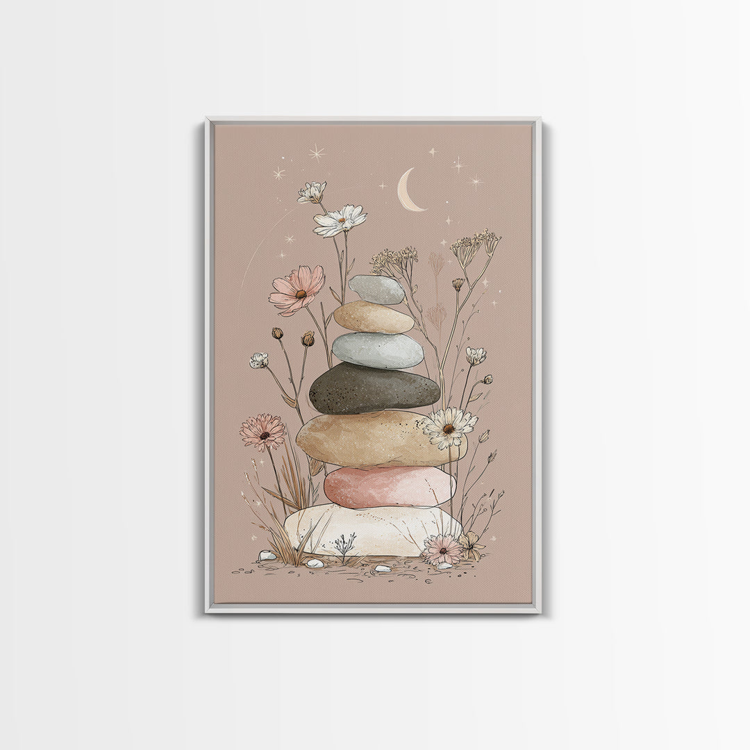 Stacked Zen Stones And Wildflowers Wall Art, Spa Bathroom Decor, Meditation Room Art, Neutral Boho Print, Calming Home Decor