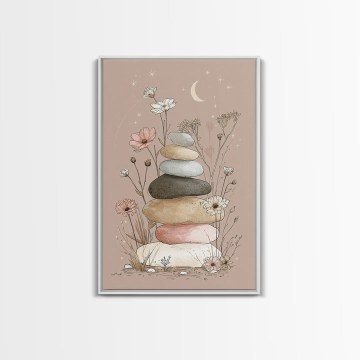 Stacked Zen Stones And Wildflowers Wall Art, Spa Bathroom Decor, Meditation Room Art, Neutral Boho Print, Calming Home Decor