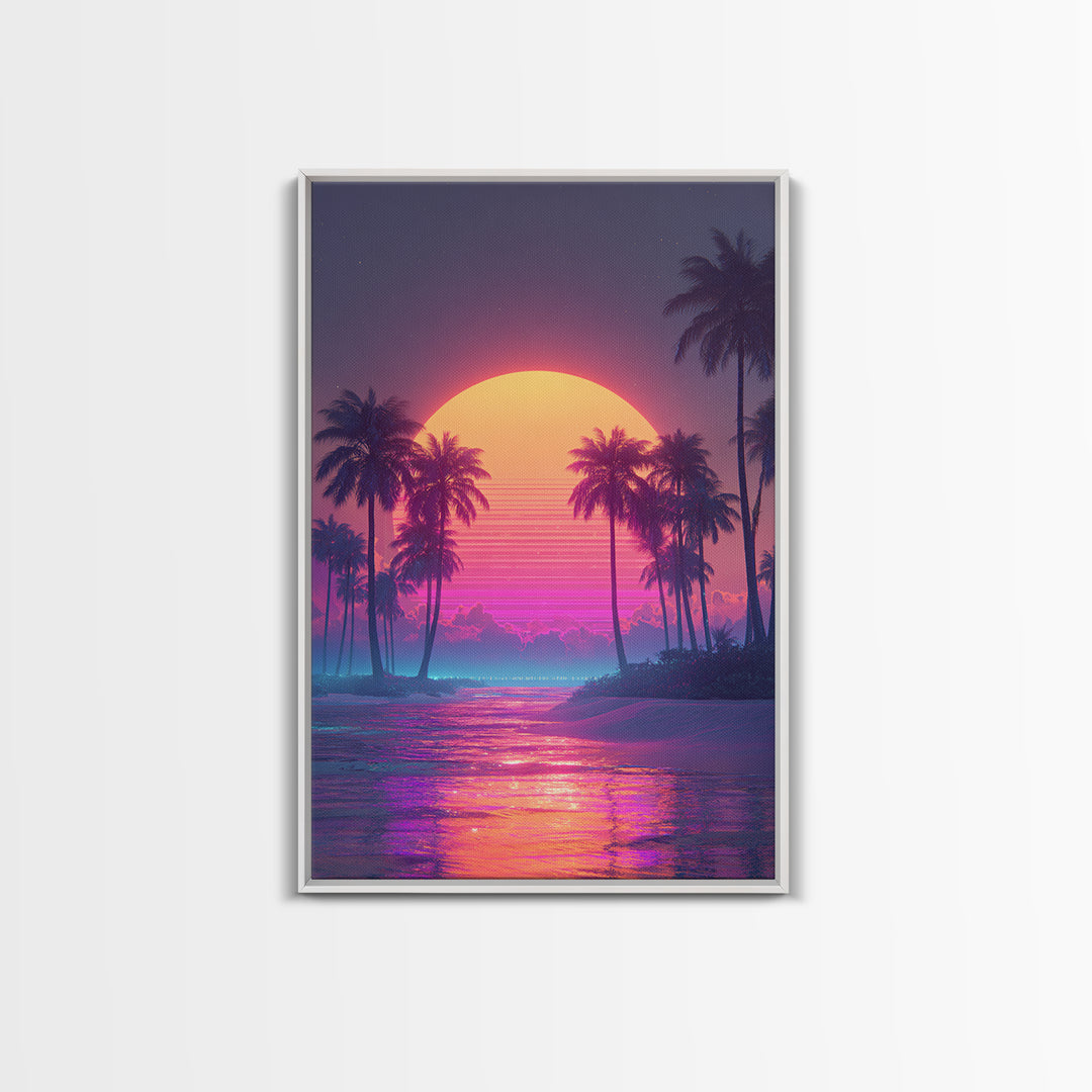 Vibrant Retro Sunset Over Tropical Beach With Palm Trees Large Wall Art Framed Canvas Print Coastal Home Decor