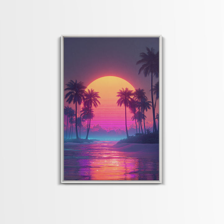 Vibrant Retro Sunset Over Tropical Beach With Palm Trees Large Wall Art Framed Canvas Print Coastal Home Decor