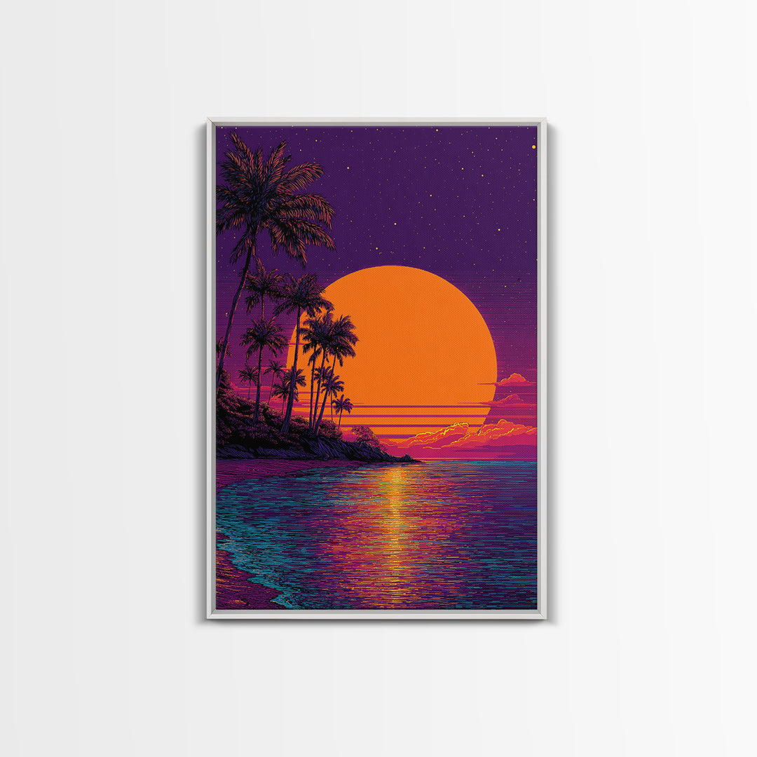 Tropical Sunset With Palm Trees Over Water Vibrant Coastal Wall Art Framed Canvas Print