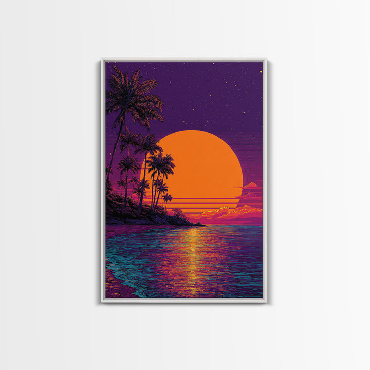 Tropical Sunset With Palm Trees Over Water Vibrant Coastal Wall Art Framed Canvas Print