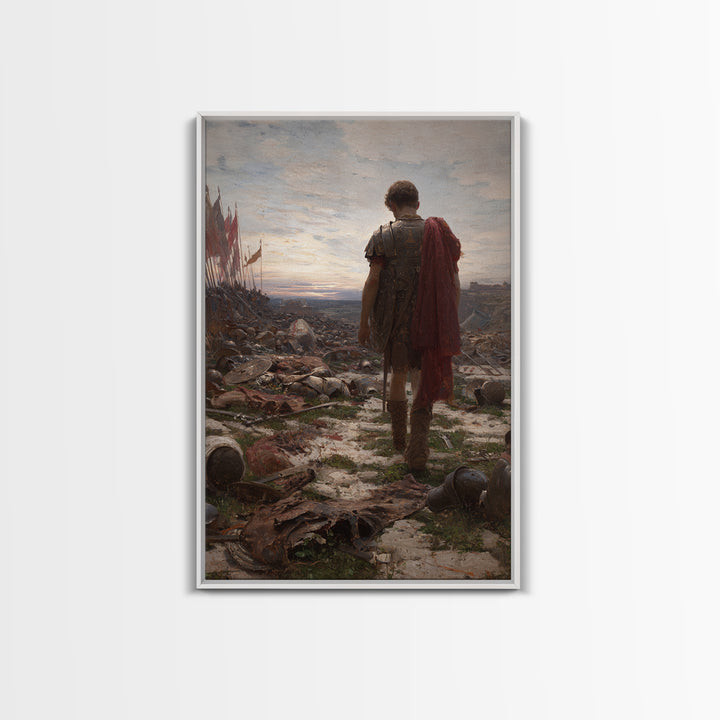 Lone Roman Soldier Framed Canvas Print, Battlefield Wall Art, Historical Warrior Oil Painting, Dark Academia Office Decor