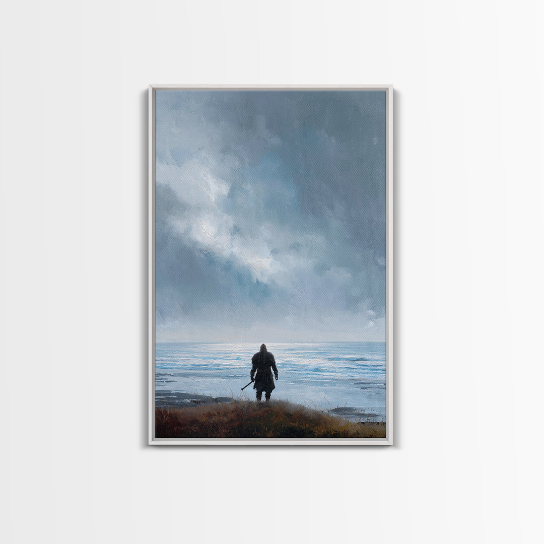 Lone Warrior Facing Cold Blue Sea Canvas Print, Minimalist Coastal Wall Art, Moody Seascape Living Room Decor, Above Bed Art