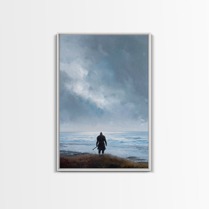 Lone Warrior Facing Cold Blue Sea Canvas Print, Minimalist Coastal Wall Art, Moody Seascape Living Room Decor, Above Bed Art