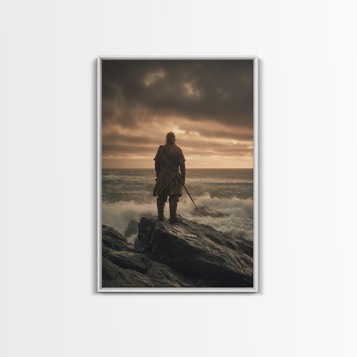 Lone Warrior On Stormy Shore Canvas Print, Moody Seascape Wall Art, Coastal Fantasy Decor, Masculine Bedroom Art Print Gift