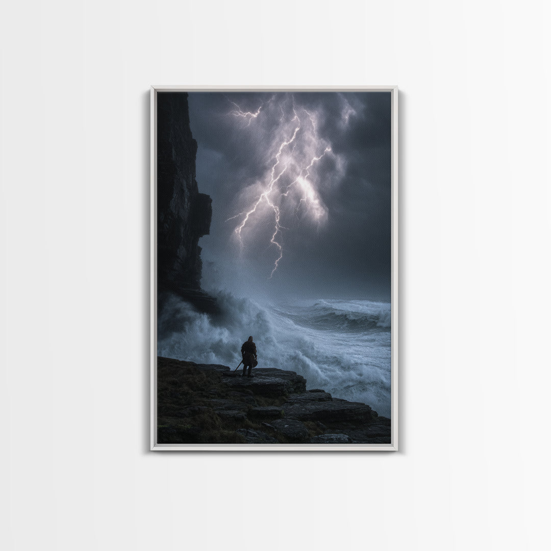 Lone Warrior Beneath Lightning Storm Framed Canvas Print, Dark Seascape Wall Art, Dramatic Fantasy Decor Print, Gift For Him