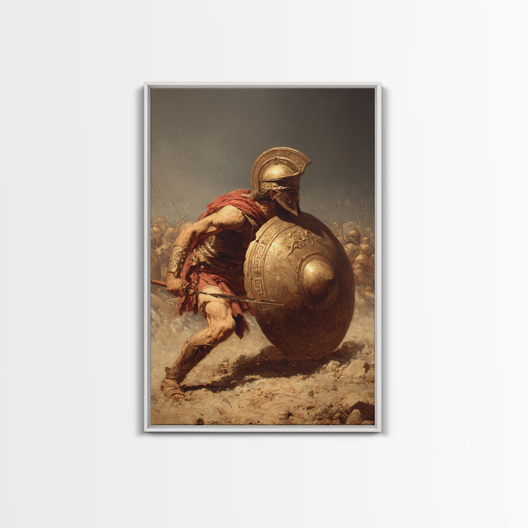 Ancient Greek Hoplite With Bronze Shield Wall Art, Spartan Warrior Canvas Print, Classical History Office Decor, Gift For Him