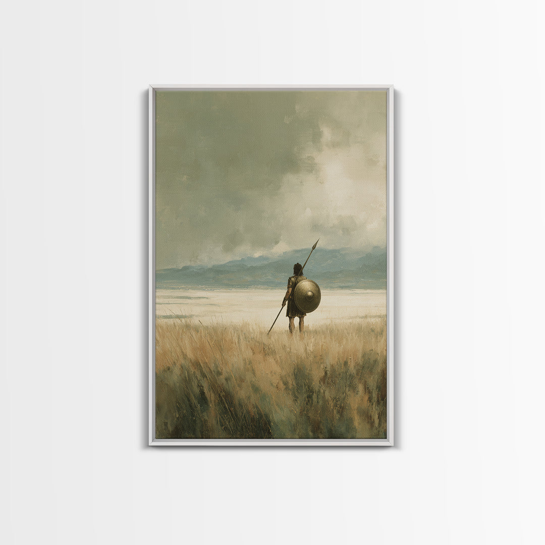 Solitary Spearman With Round Shield In Misty Field Wall Art, Ancient Warrior Canvas Print For Neutral Rustic Home Decor And Gift