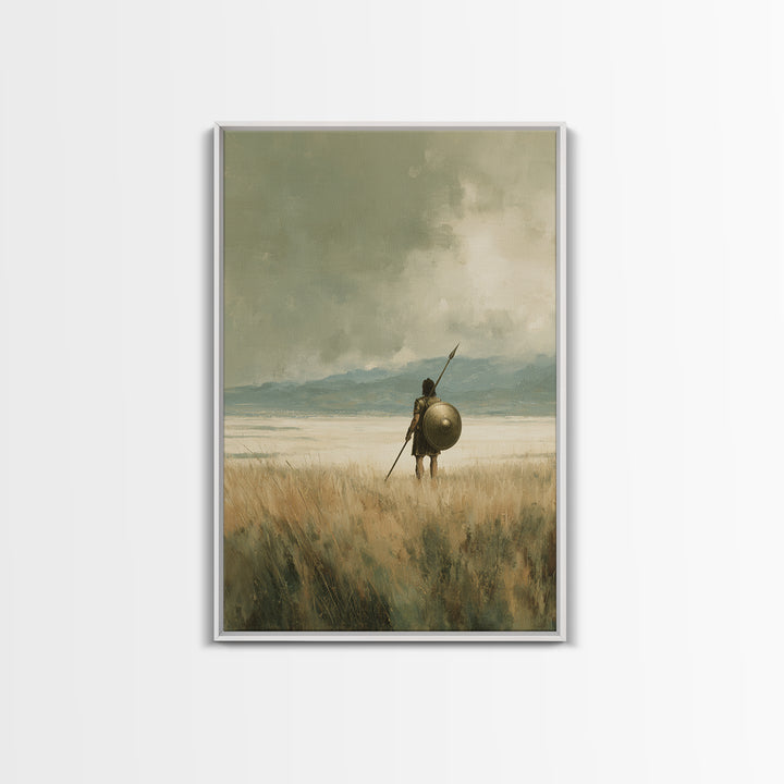 Solitary Spearman With Round Shield In Misty Field Wall Art, Ancient Warrior Canvas Print For Neutral Rustic Home Decor And Gift