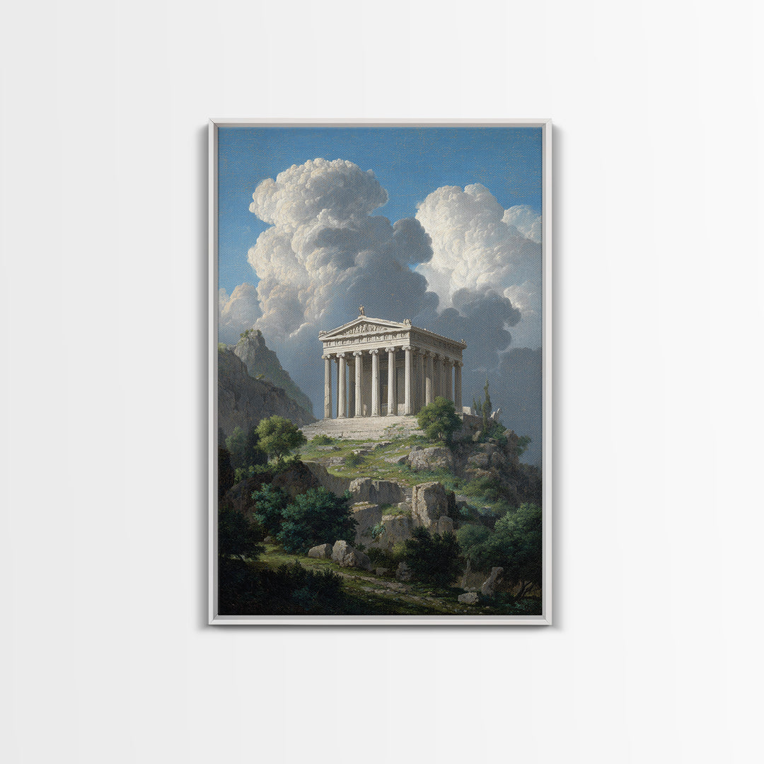 Ancient Greek Temple Under Towering Clouds Canvas Print, Classical Landscape Wall Art, Mediterranean Home Decor, Fine Art