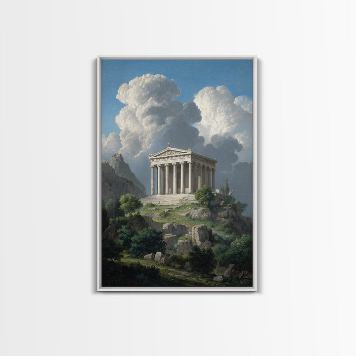 Ancient Greek Temple Under Towering Clouds Canvas Print, Classical Landscape Wall Art, Mediterranean Home Decor, Fine Art