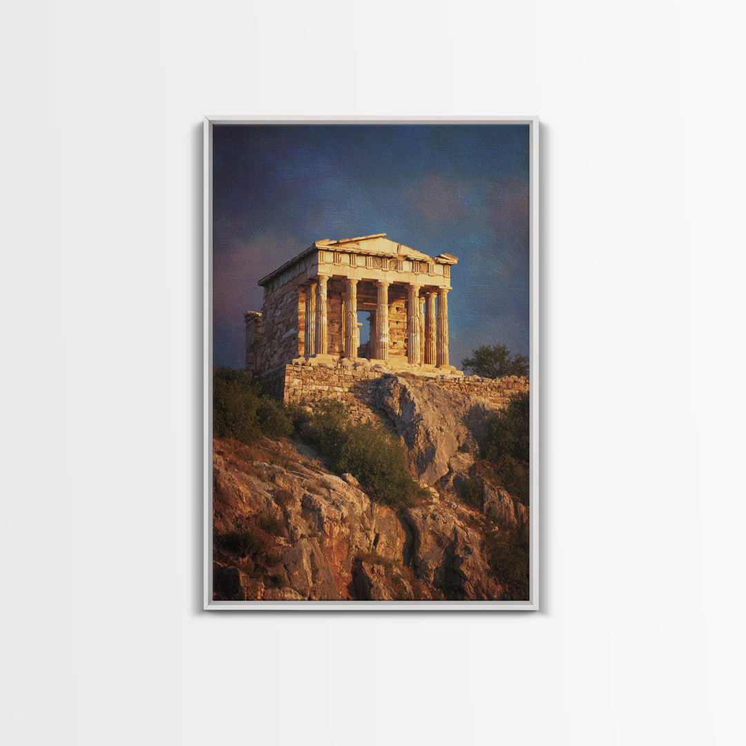 Golden Greek Temple On Rocky Hill Wall Art, Ancient Greece Landscape Painting, Mediterranean Decor, Travel Art Print, Gift For Him