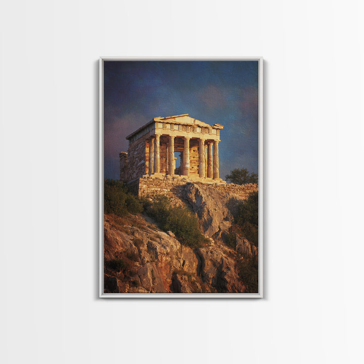 Golden Greek Temple On Rocky Hill Wall Art, Ancient Greece Landscape Painting, Mediterranean Decor, Travel Art Print, Gift For Him