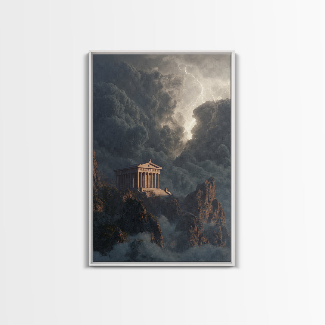 Ancient Greek Temple In Lightning Storm Framed Canvas Print, Mythological Wall Art, Dramatic Landscape Decor, Office Art