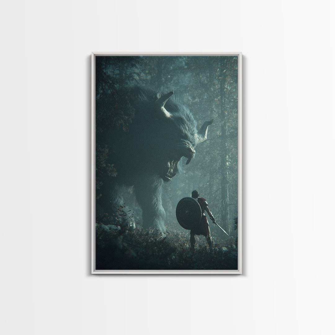 Warrior Facing Giant Wolf In Forest Wall Art, Dark Fantasy Canvas Print, Mythical Creature Decor, Gift For Gamer, Adventure Art