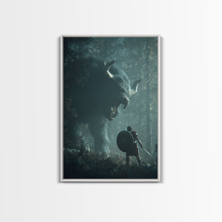 Warrior Facing Giant Wolf In Forest Wall Art, Dark Fantasy Canvas Print, Mythical Creature Decor, Gift For Gamer, Adventure Art