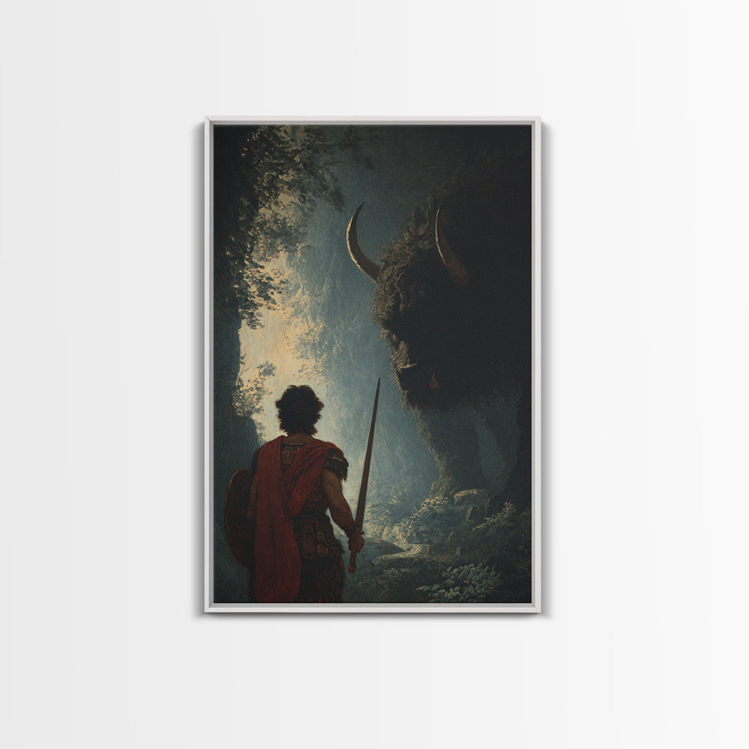 Warrior Facing Shadowed Minotaur Wall Art, Dark Fantasy Oil Painting, Mythological Art Print, Gothic Home Decor Gift For Him