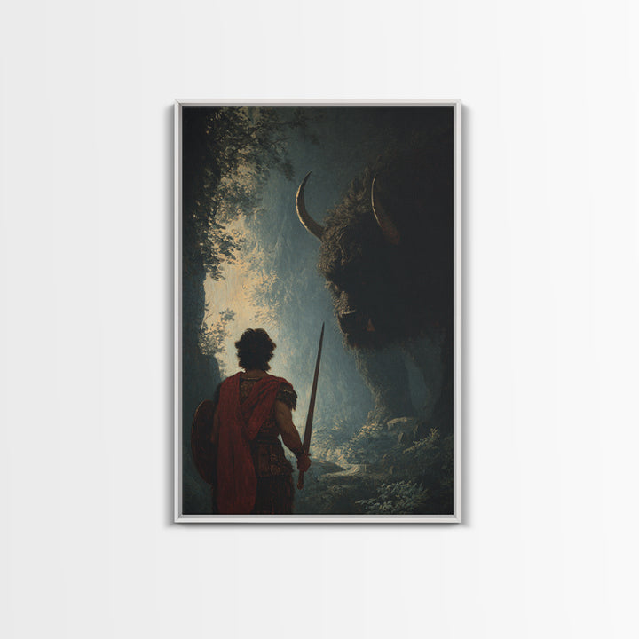 Warrior Facing Shadowed Minotaur Wall Art, Dark Fantasy Oil Painting, Mythological Art Print, Gothic Home Decor Gift For Him