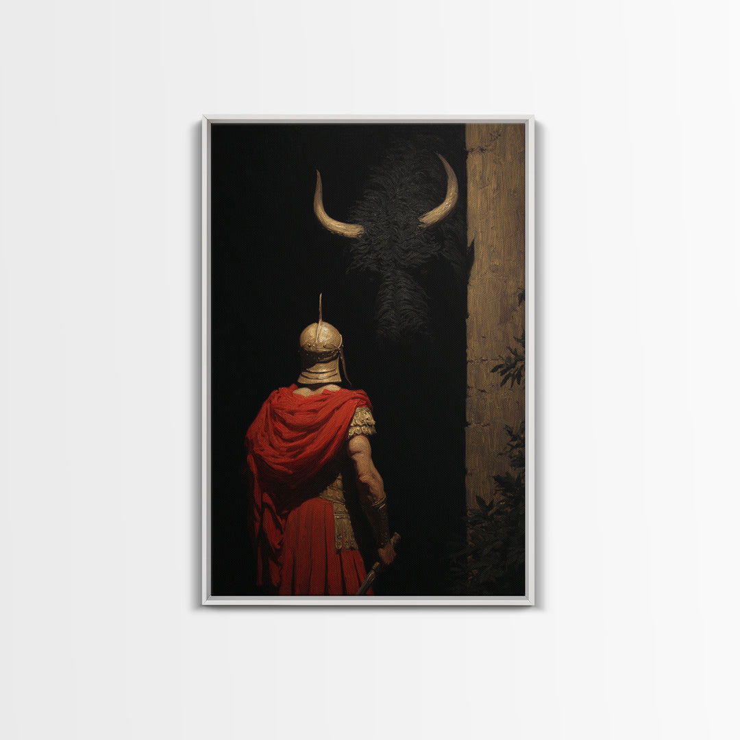 Roman Soldier Facing Shadowed Bull Framed Canvas Print, Mythological Art, Dark Academia Decor, Ancient Classical Wall Art