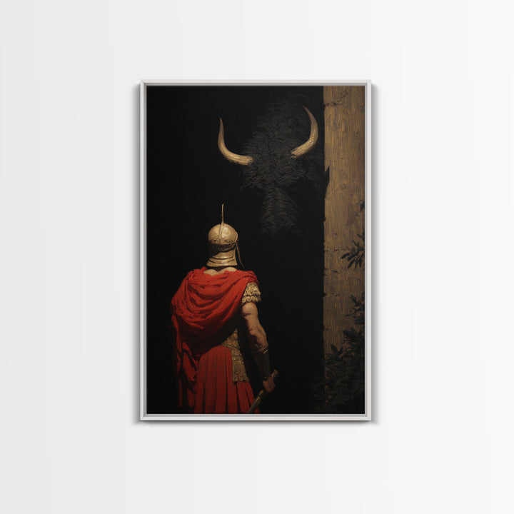 Roman Soldier Facing Shadowed Bull Framed Canvas Print, Mythological Art, Dark Academia Decor, Ancient Classical Wall Art