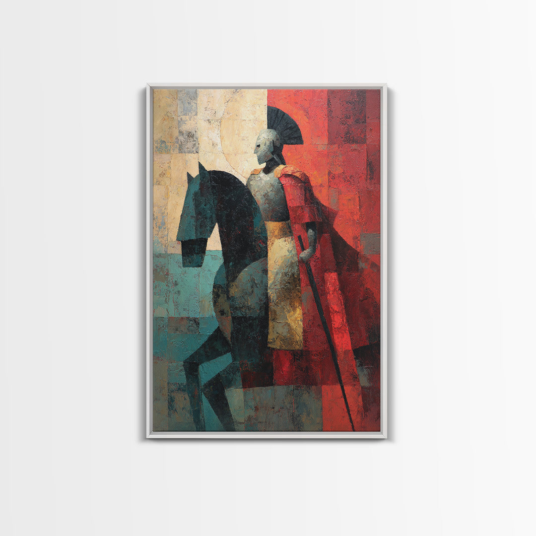 Abstract Roman Cavalry And Red Cloak Framed Canvas Print, Ancient Warrior Wall Decor, Modern Historical Art Print, Gift For Him