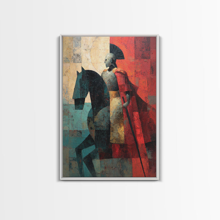 Abstract Roman Cavalry And Red Cloak Framed Canvas Print, Ancient Warrior Wall Decor, Modern Historical Art Print, Gift For Him