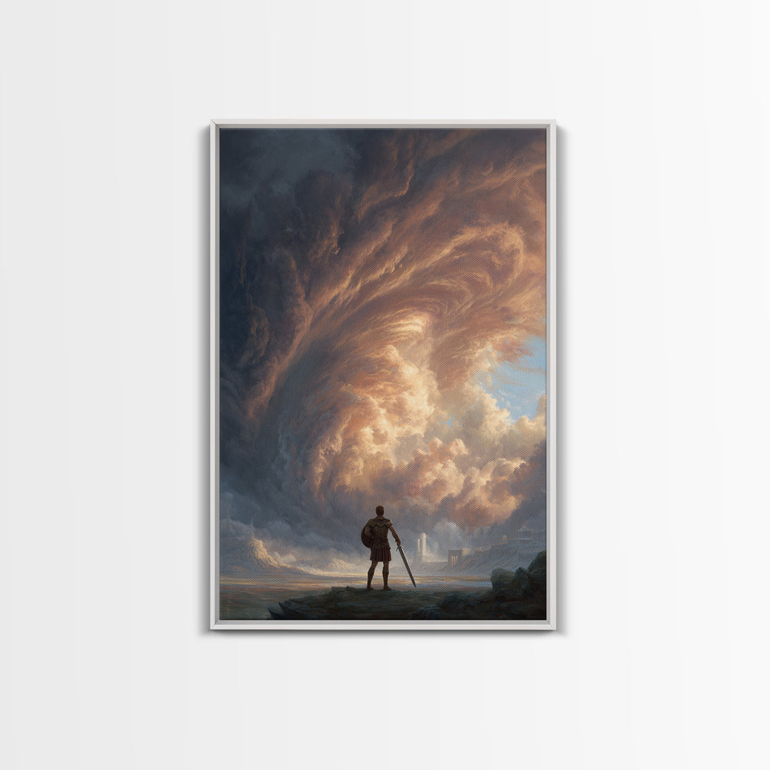 Hero Before Storm Canvas Print, Epic Fantasy Large Wall Art, Moody Seascape Painting, Masculine Office Decor Gift For Him