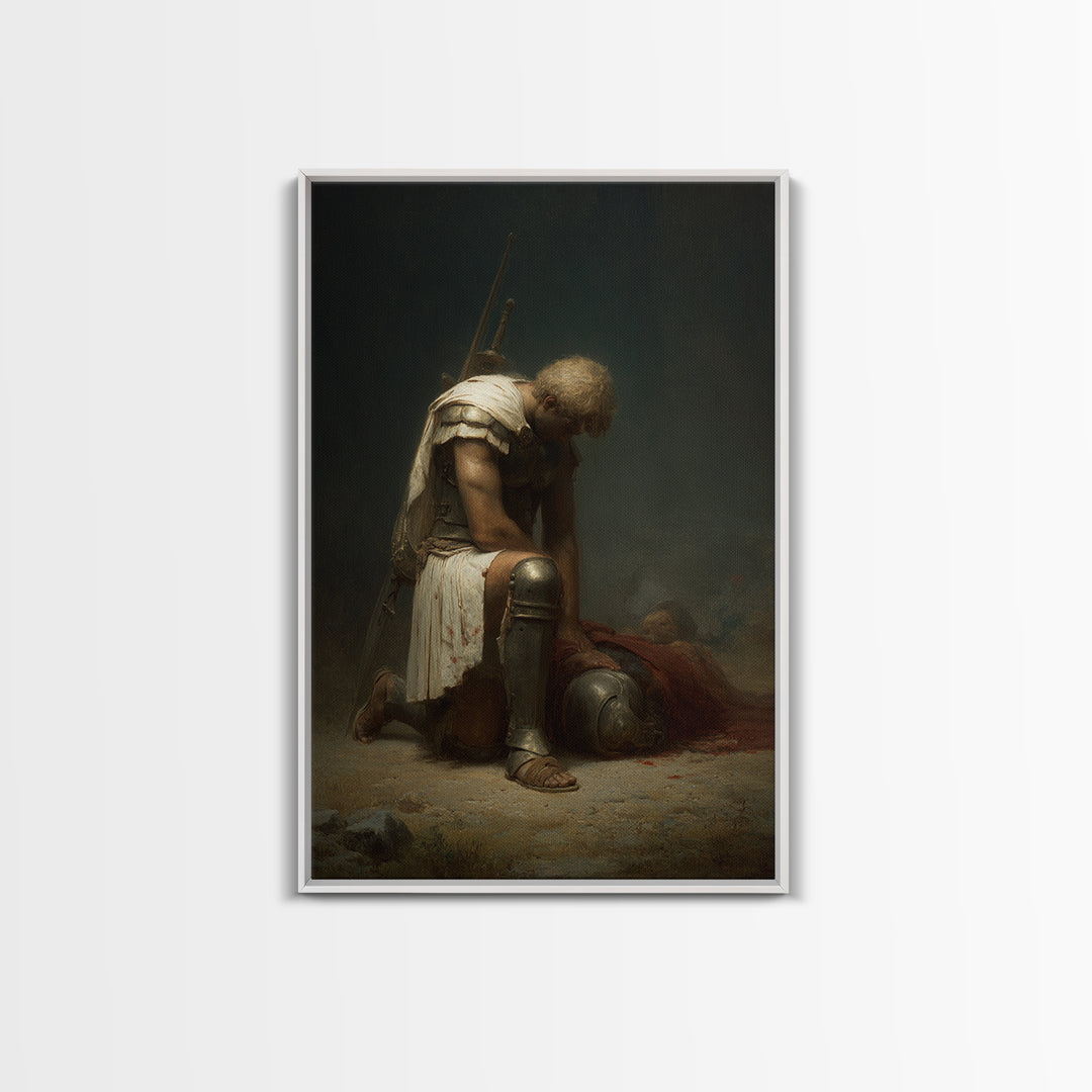 Kneeling Fallen Warrior Canvas Print, Dark Battle Wall Art, Classical Figurative Oil Painting, Moody Office Decor Gift For Him