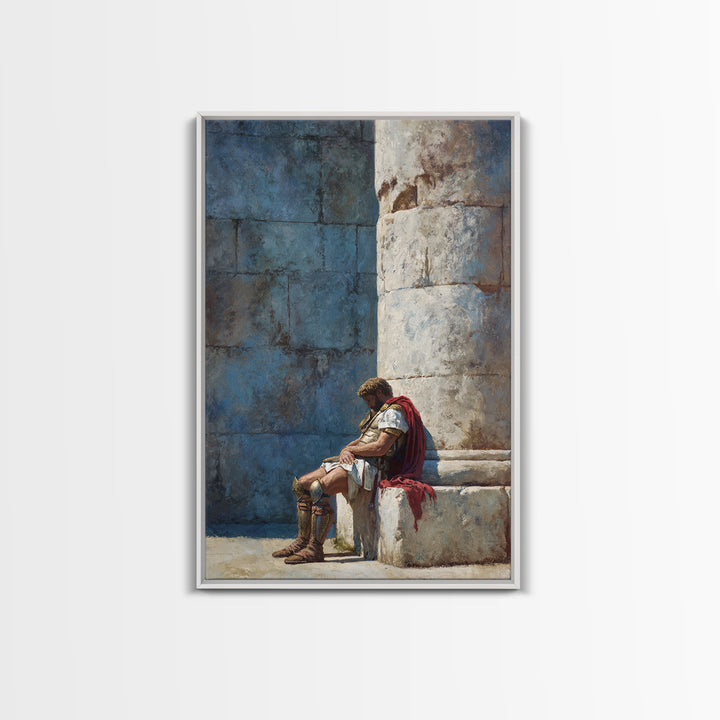 Resting Roman Soldier By Stone Column Wall Art, Ancient Classical Canvas Print, Historical Office Decor For Him, Housewarming Gift