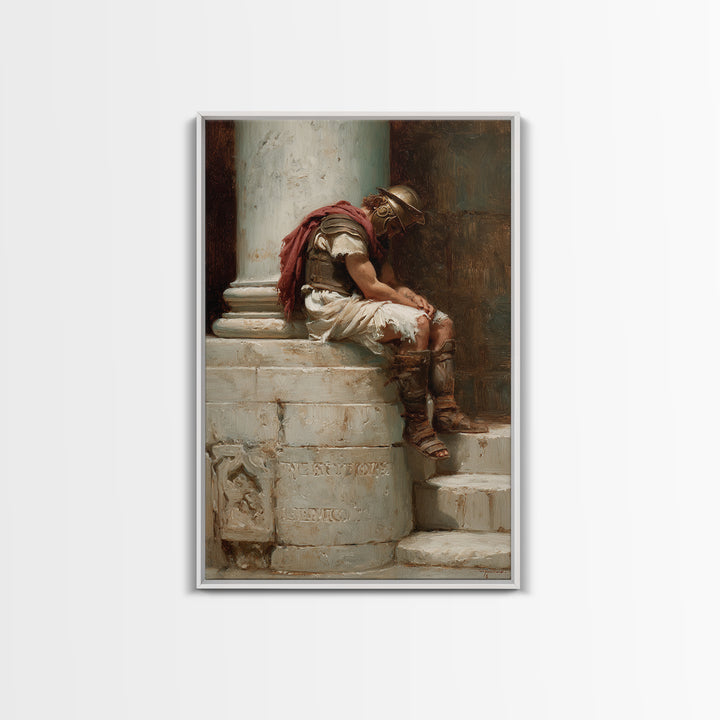 Sleeping Roman Soldier On Marble Steps Framed Canvas Print, Classical Wall Art, Ancient History Decor, Dark Academia Gift