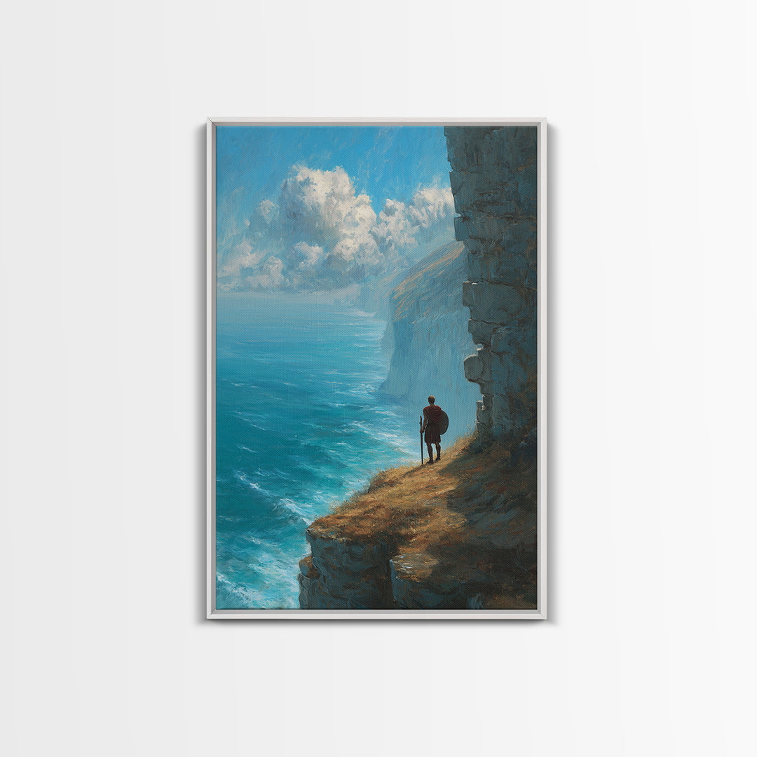 Epic Coastal Cliffside Warrior Painting Wall Art Canvas Print Dramatic Ocean View With Ancient Soldier For Home Decor