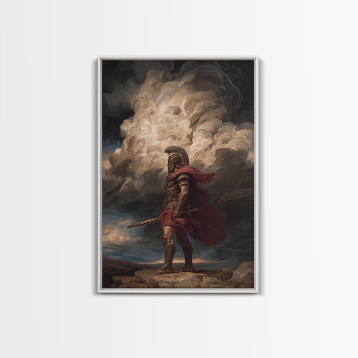 Roman Centurion Under Storm Clouds Framed Canvas Print, Classical Warrior Wall Art, Mythological Decor, Dramatic Office Art