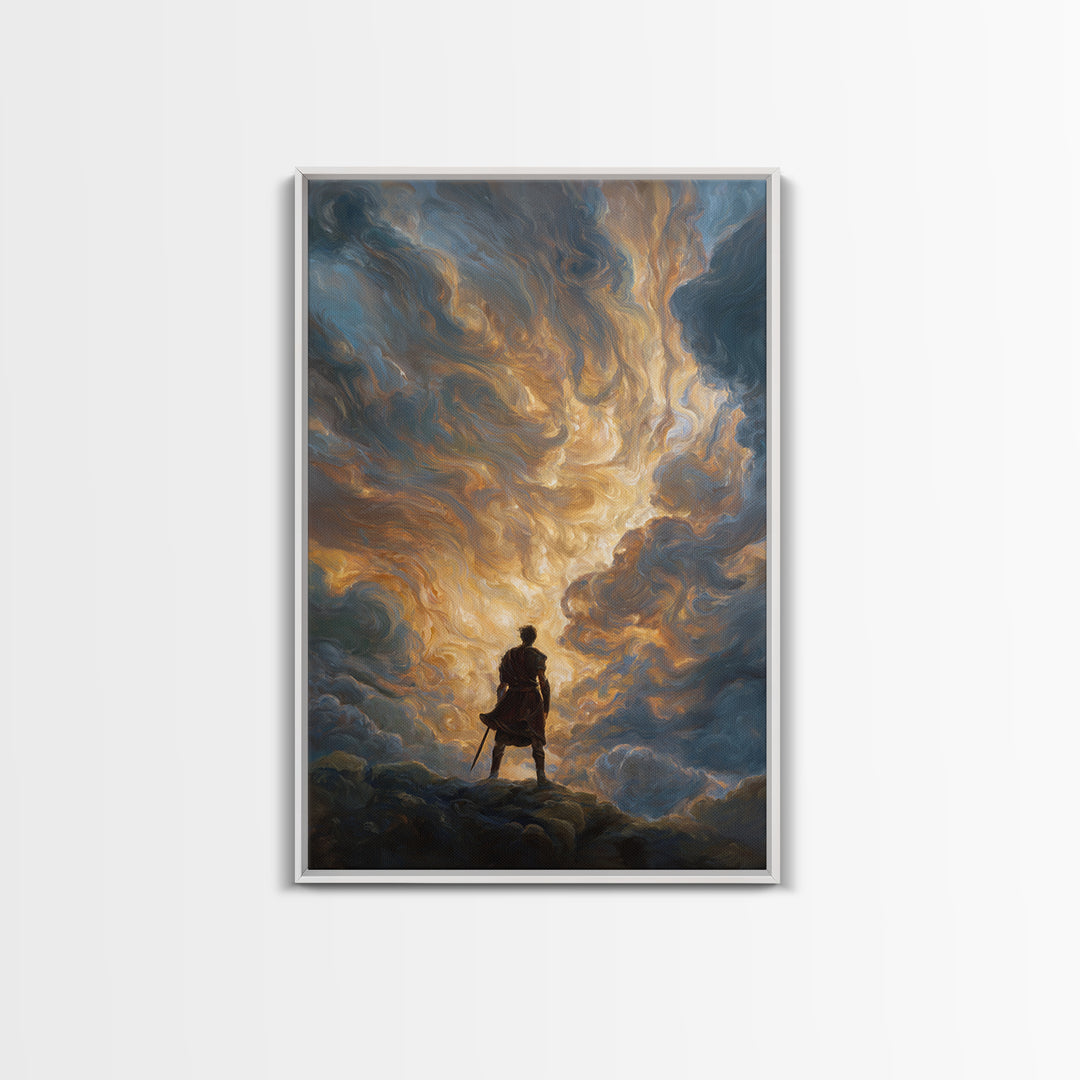 Lone Hero Beneath Golden Storm Clouds Wall Art, Epic Fantasy Canvas Print, Dramatic Sky Modern Living Room Decor, Office Decor