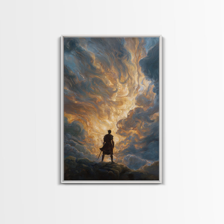 Lone Hero Beneath Golden Storm Clouds Wall Art, Epic Fantasy Canvas Print, Dramatic Sky Modern Living Room Decor, Office Decor