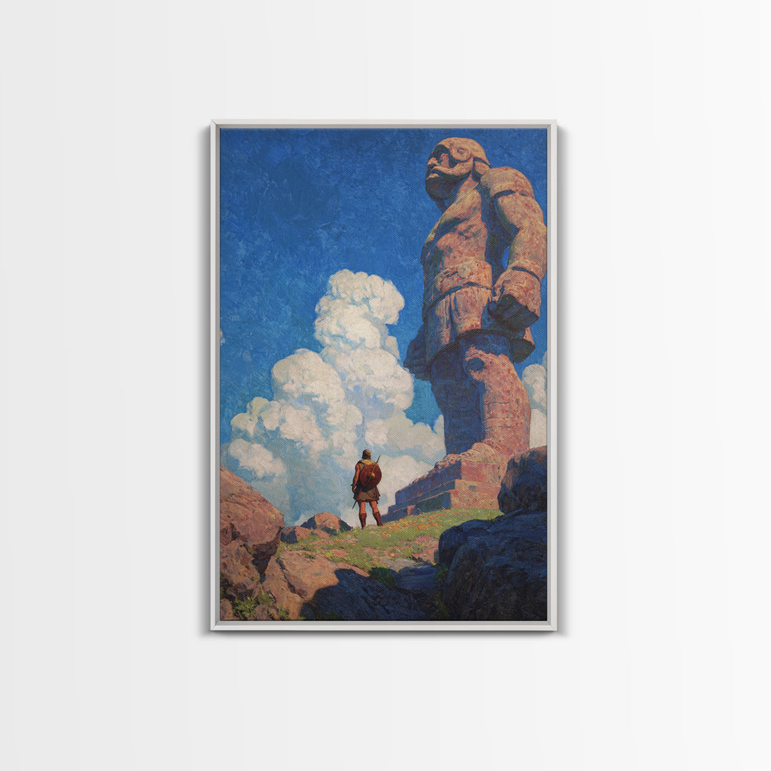 Tiny Warrior Beneath Colossal Stone Giant, Fantasy Wall Art, Mythical Landscape Print, Adventure Decor, Kids Room Art, Unique Gift