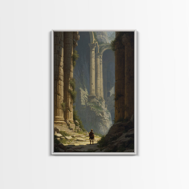 Lone Explorer In Monumental Ancient Ruins Wall Art, Fantasy Architecture Canvas, Classical Landscape Decor, Large Fine Art Print
