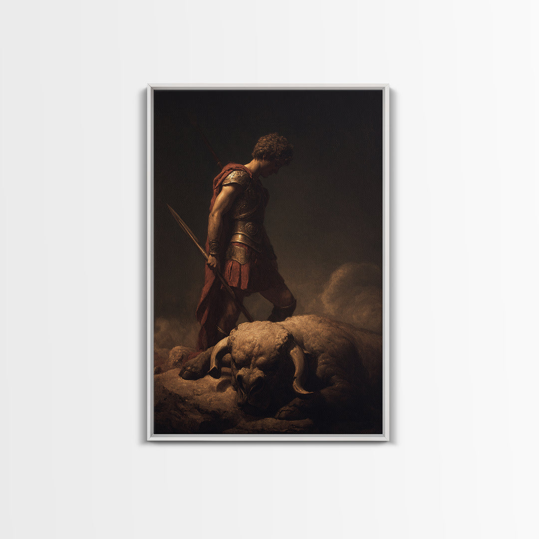 Heroic Warrior Standing Over Fallen Ram, Framed Canvas Print, Mythological Wall Art, Dark Fantasy Decor, Masculine Gift For Him