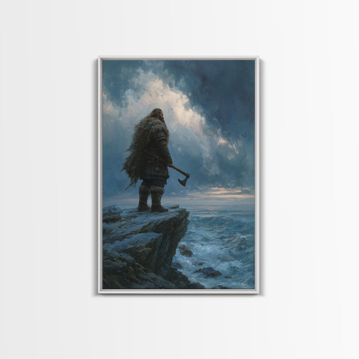 Viking Warrior On Stormy Ocean Cliff Wall Art, Norse Fantasy Canvas, Moody Seascape Print, Masculine Home Decor, Gift For Him