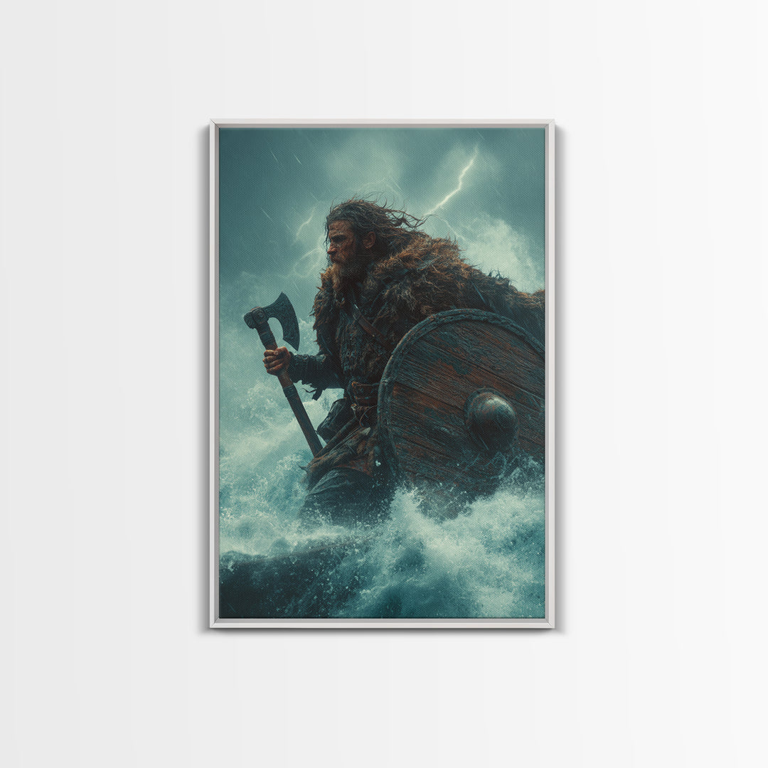 Stormy Viking Warrior With Axe, Norse Seascape Wall Art, Dark Fantasy Canvas Print, Masculine Decor, Gift For Him, Man Cave