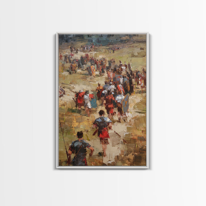 Roman Soldiers Marching Through Sunlit Camp Canvas Print, Impressionist Historical Wall Art, Classical Home Decor, Gift For Him