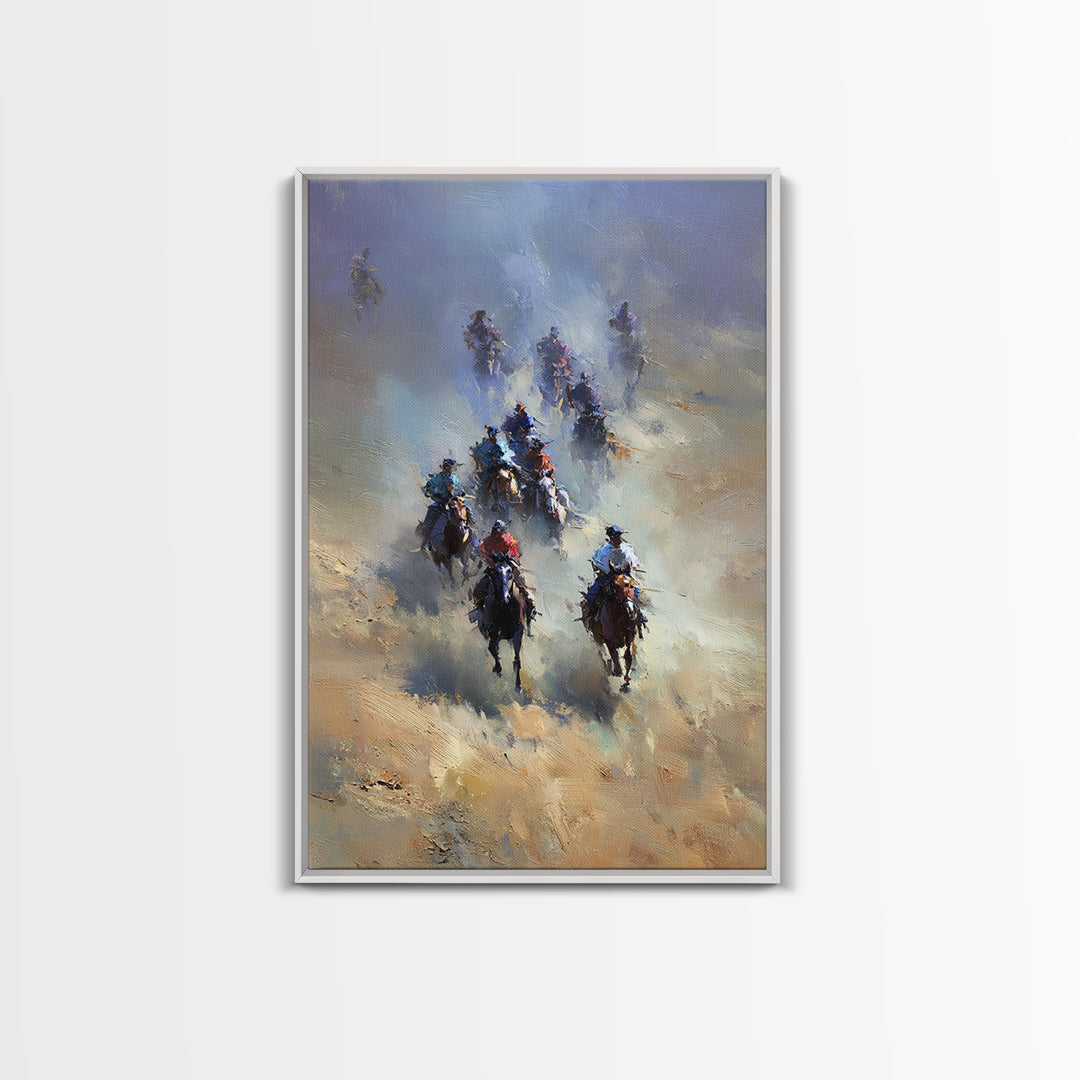 Galloping Cowboys In Dusty Desert Wall Art, Western Horse Racing Painting, Rustic Ranch Decor, Gift For Horse Lover, Living Room Art