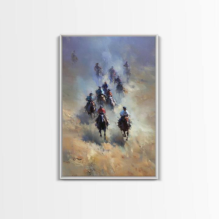 Galloping Cowboys In Dusty Desert Wall Art, Western Horse Racing Painting, Rustic Ranch Decor, Gift For Horse Lover, Living Room Art