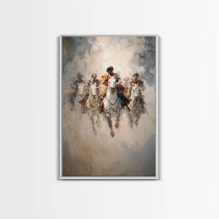 White Horses Charging Through Mist Canvas Print, Abstract Equine Painting, Equestrian Wall Art, Modern Farmhouse Decor Gift
