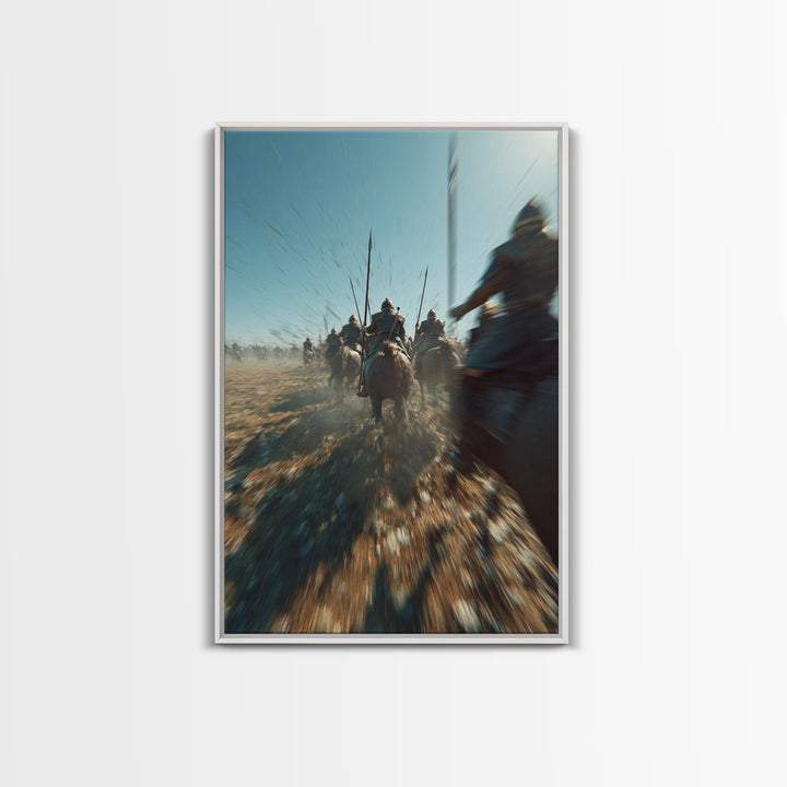 Ancient Cavalry Charge Across Dusty Battlefield Canvas Print, Epic Battle Wall Art, Horse Racing Decor, Masculine Art Gift For Him