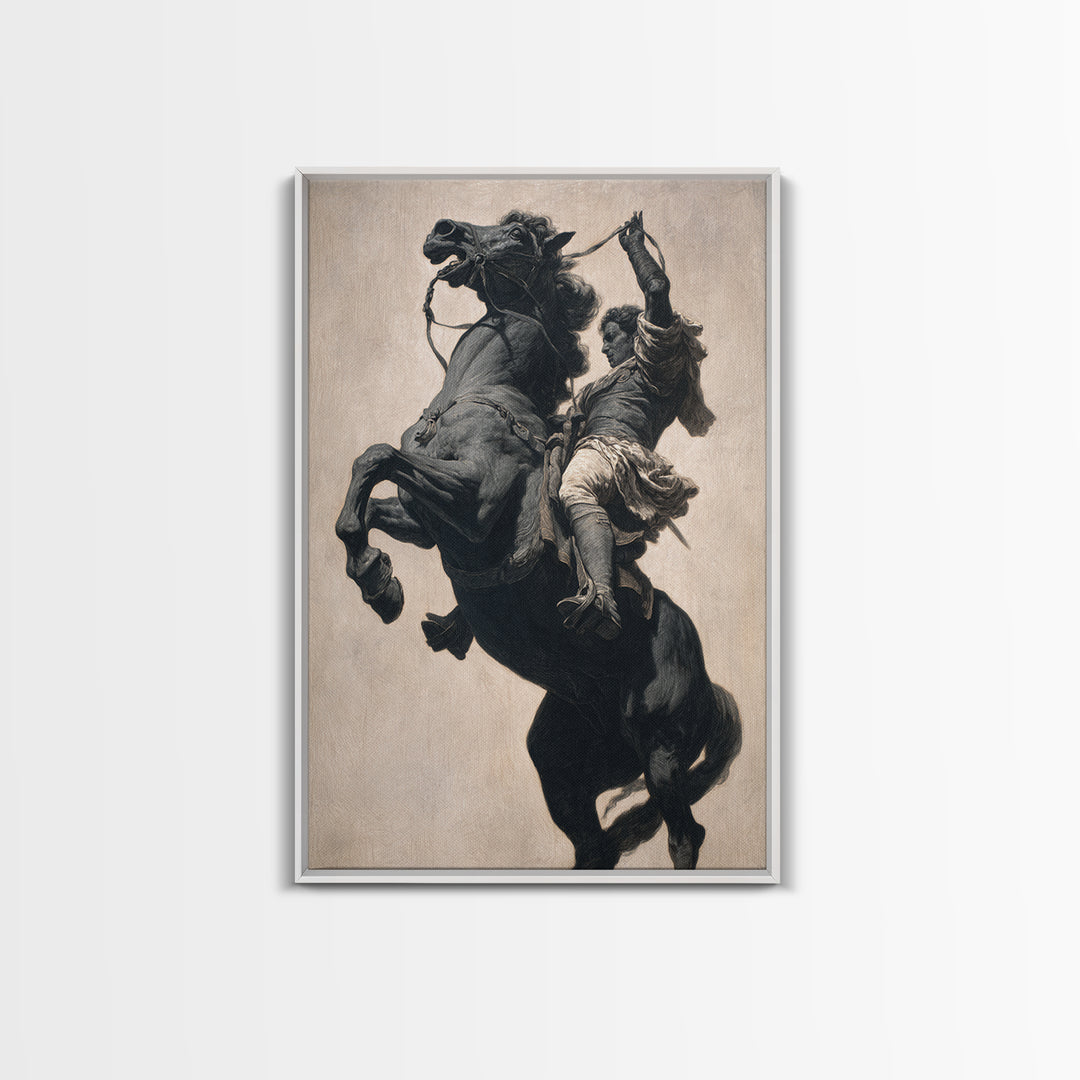 Rearing Black Horse And Rider Framed Canvas Print, Dramatic Equestrian Wall Art, Western Decor, Horse Lover Gift For Ranch Home
