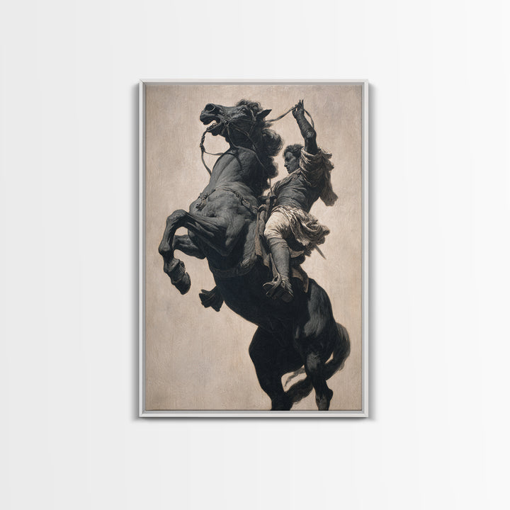 Rearing Black Horse And Rider Framed Canvas Print, Dramatic Equestrian Wall Art, Western Decor, Horse Lover Gift For Ranch Home