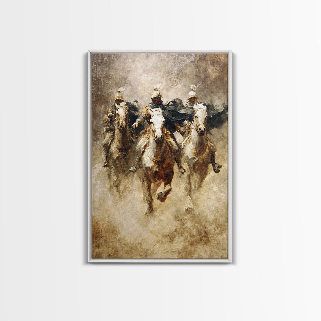 Charging Medieval Cavalry Riders Wall Art, Dramatic Horse Battle Canvas Print, Rustic Fantasy Decor, Large Living Room Decor