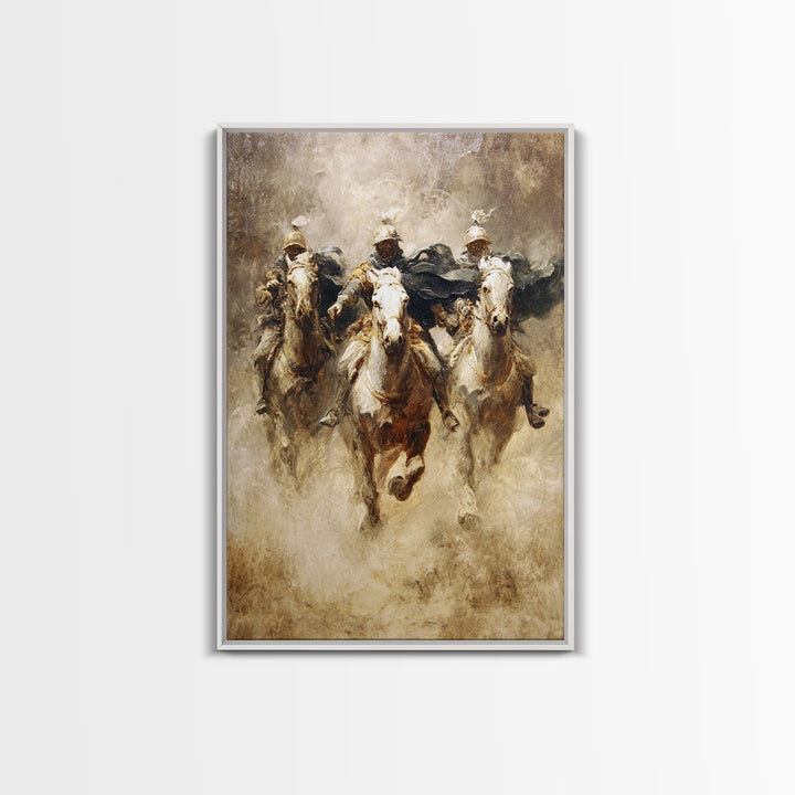 Charging Medieval Cavalry Riders Wall Art, Dramatic Horse Battle Canvas Print, Rustic Fantasy Decor, Large Living Room Decor